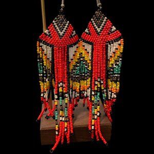 Handmade Beaded Fringe Dangle Earrings – Multicolor Tribal Design – 5 ½” Long
